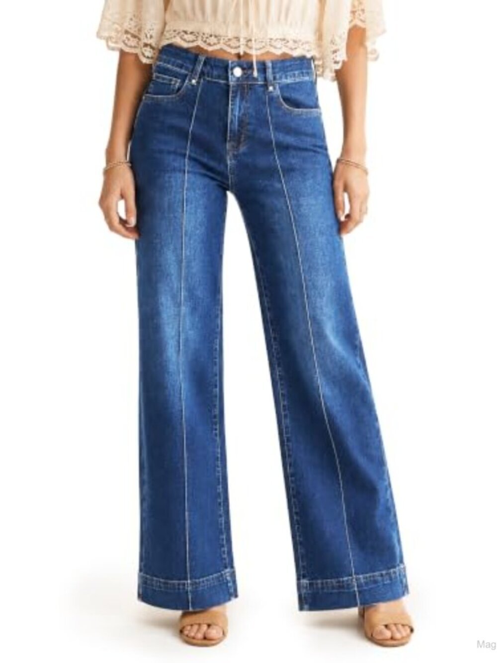 High Waisted Stretch Wide Leg Jeans Front Seam Denim Pants